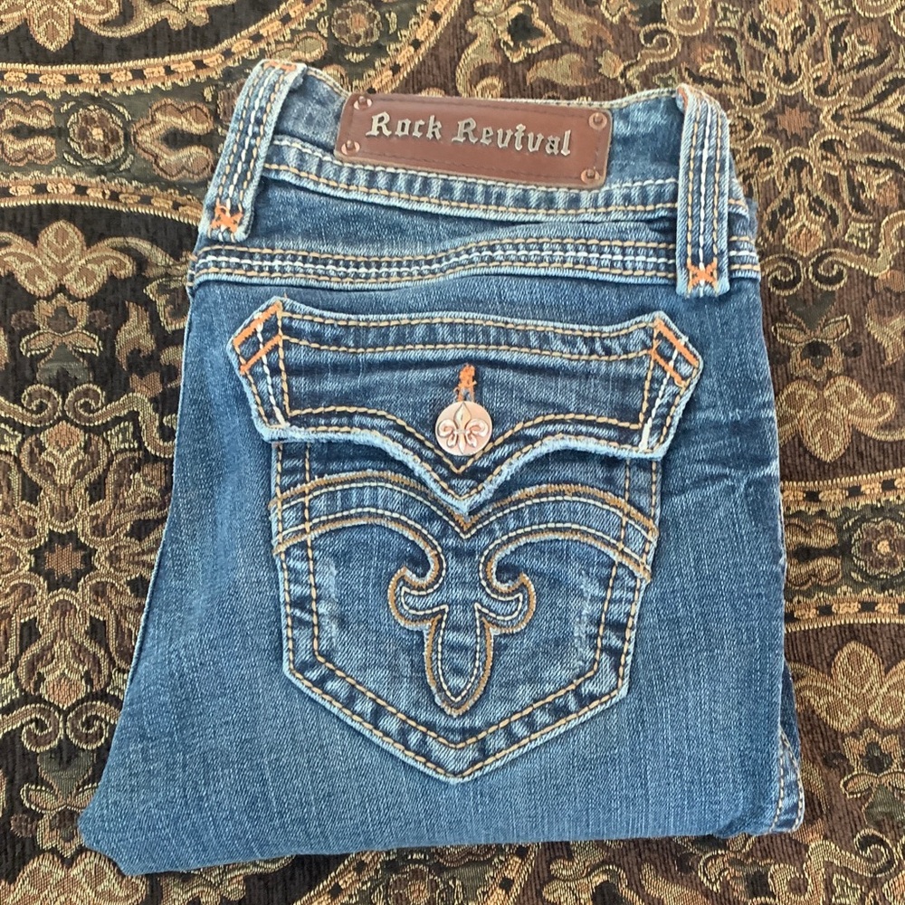 Rock Revival Blue Straight Leg Jeans with Embroidery
